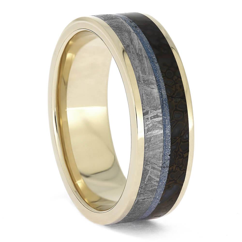 Men's white gold ring featuring meteorite and dinosaur bone