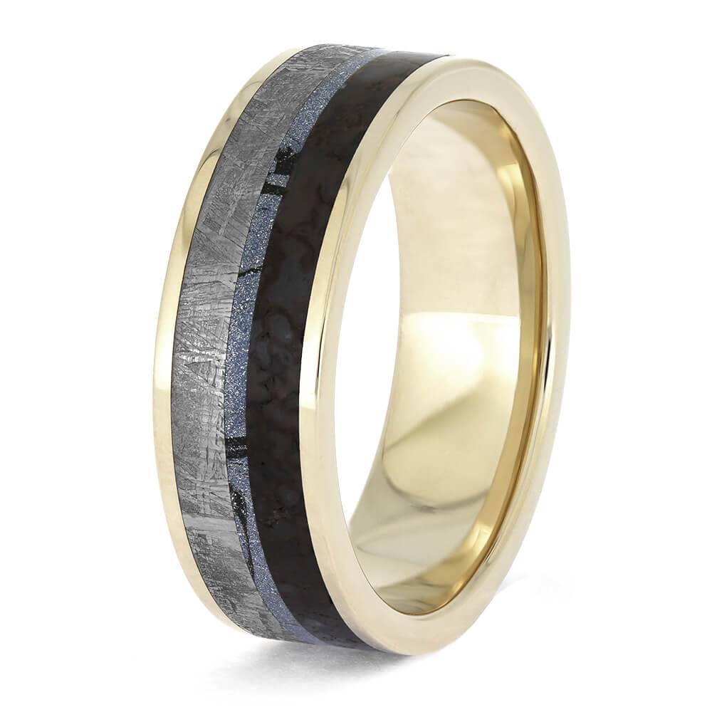 Elegant white gold ring with meteorite and dino bone inlays