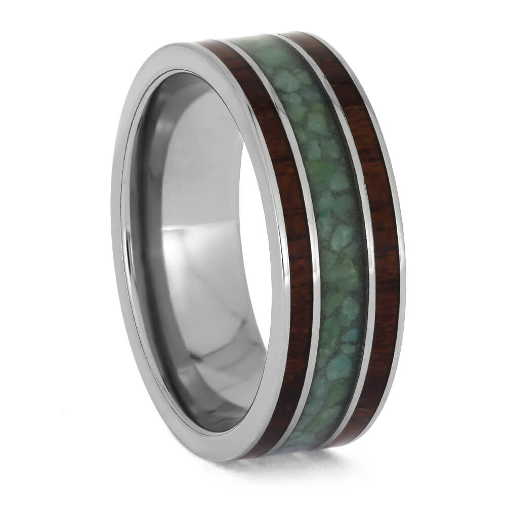 Bubinga Wood Ring With Chrysocolla, Titanium Wedding Band