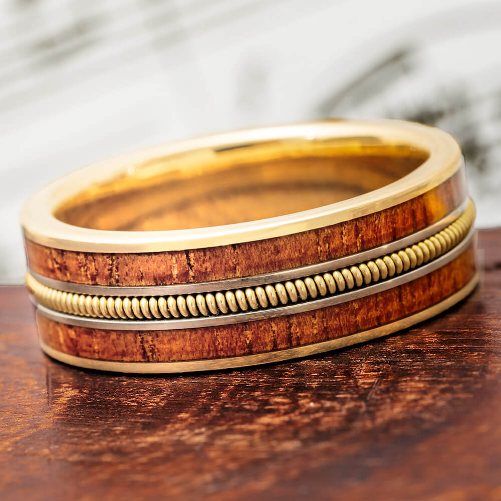 Natural Koa Wood Wedding Band with Polished Gold | Jewelry by Johan