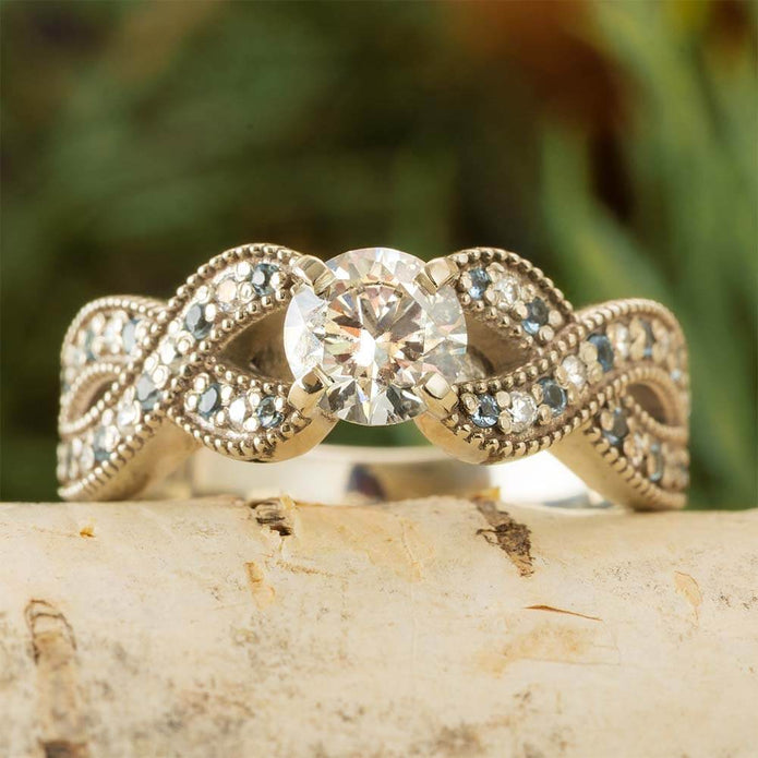 Unique Moissanite Engagement Ring with Aquamarines