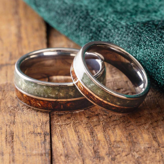 Matching Titanium Rings with Jade and Wood Inlays