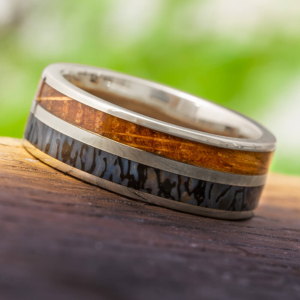 Teak and Fossil Inlay Wedding Band