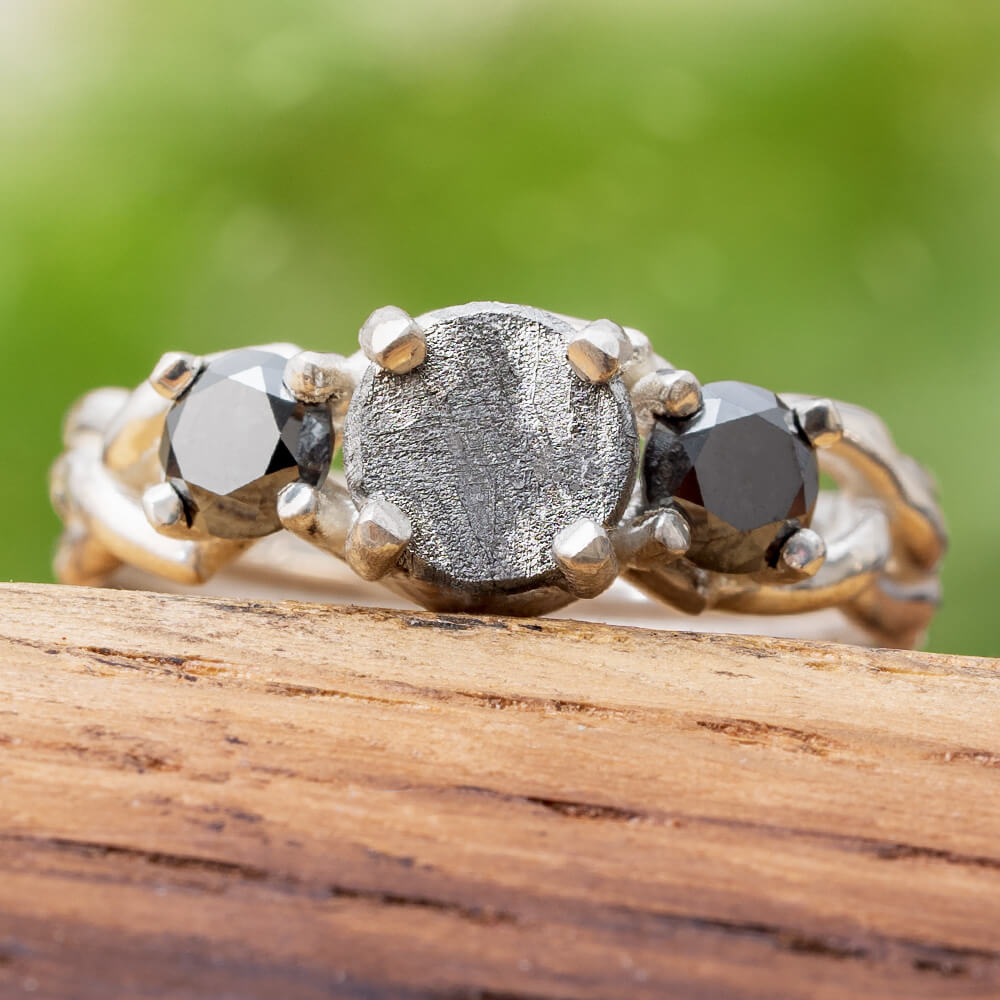 Meteorite Ring with Black Diamond Stones