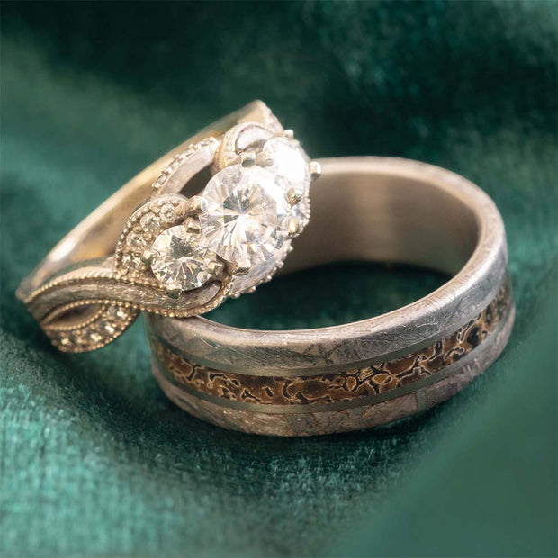 Meteorite Rings for Him & Her on green background