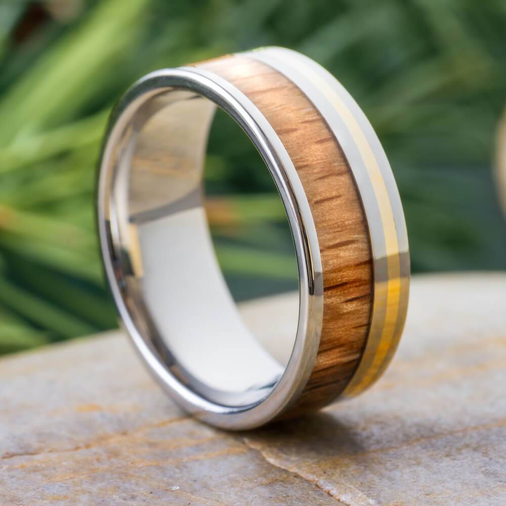 Oak Wood and Gold Pinstripe Wedding Band