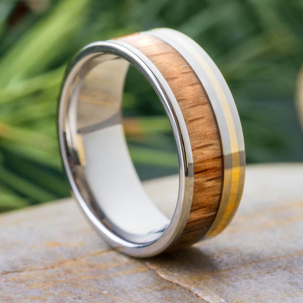 Oak Wood and Gold Pinstripe Wedding Band