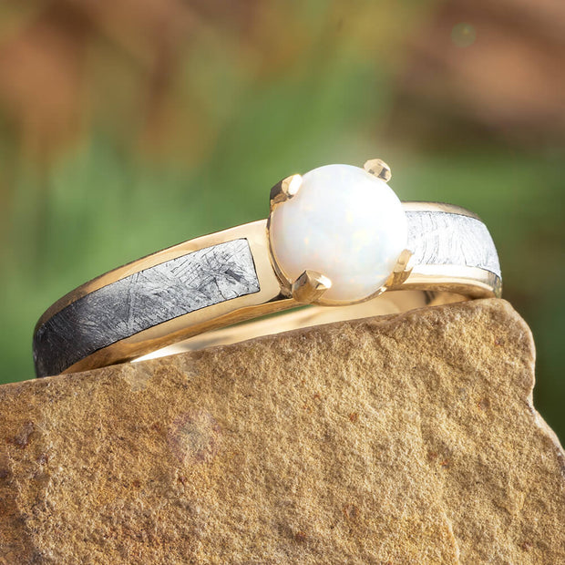 Opal Solitaire Engagement Ring with Meteorite