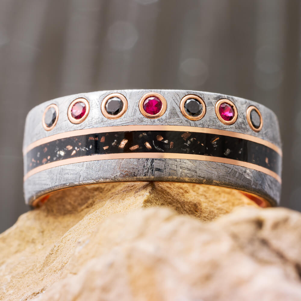 Meteorite Ring with Red Rubies and Black Diamonds