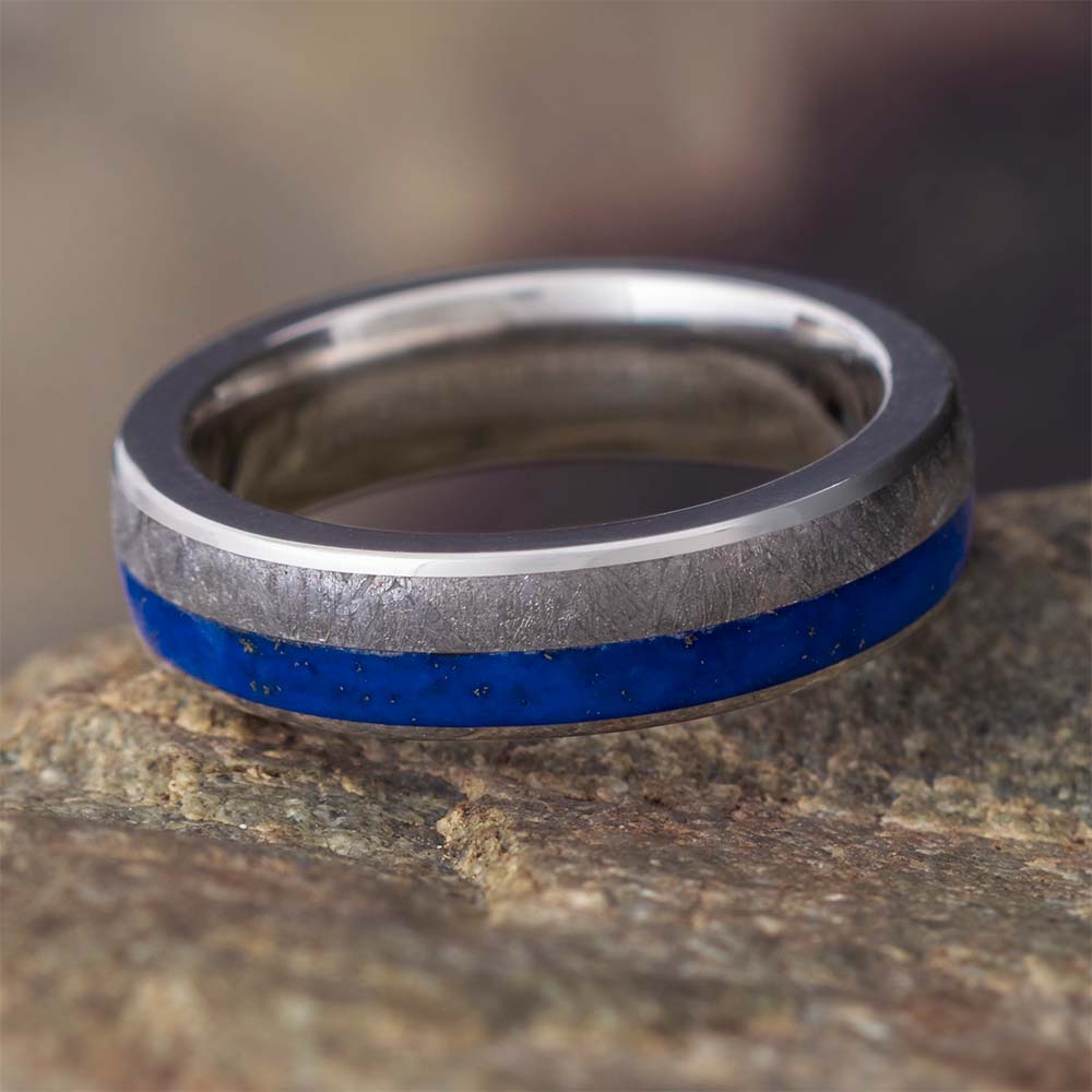 Meteorite and Lapis Lazuli Wedding Band in Titanium