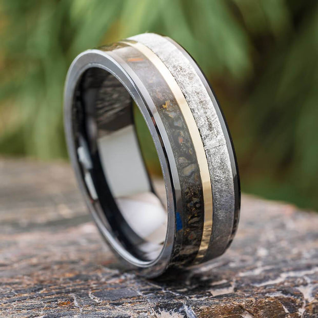 Fossil and Meteorite Ring with White Gold