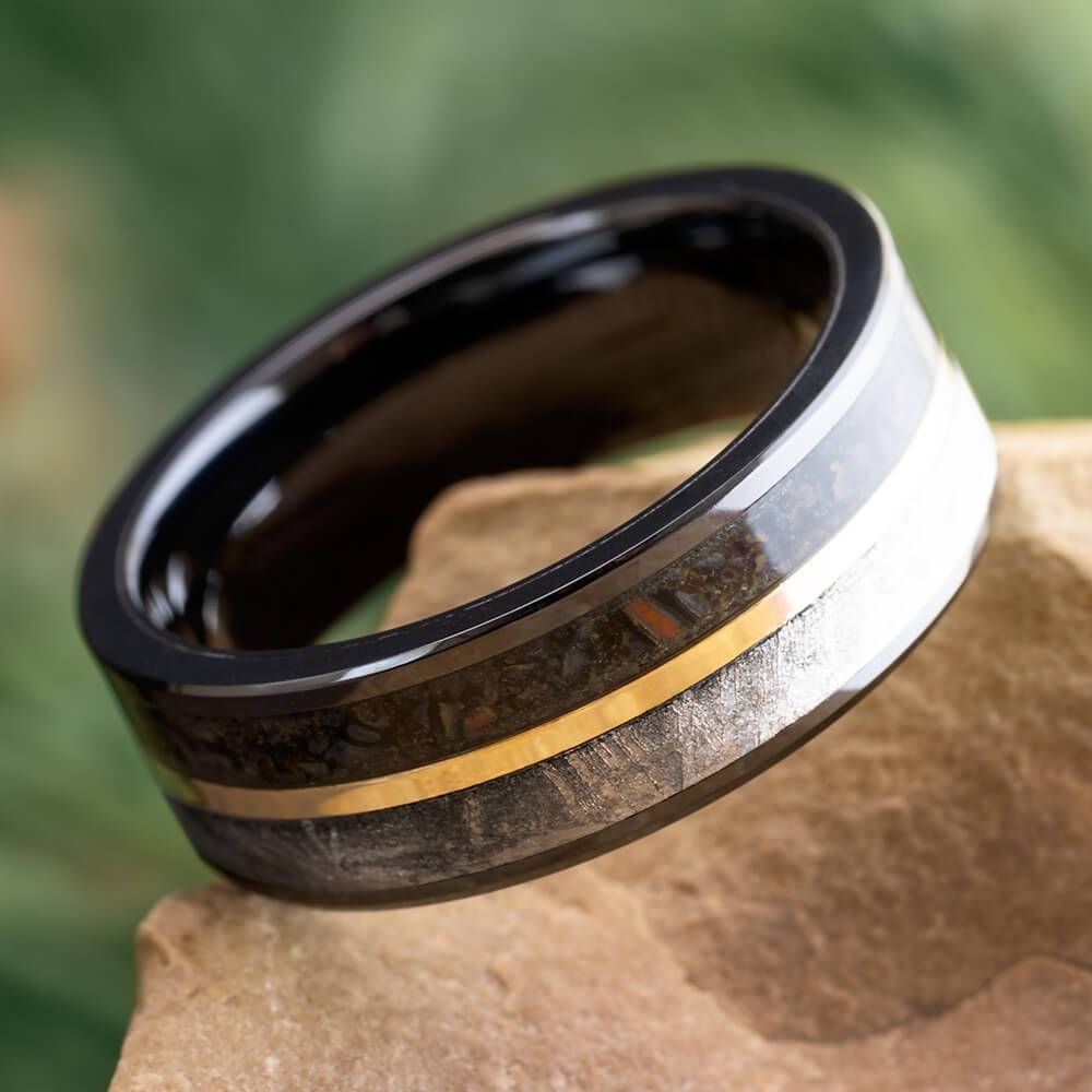 Meteorite and Fossil Ring with Yellow Gold Pinstripe