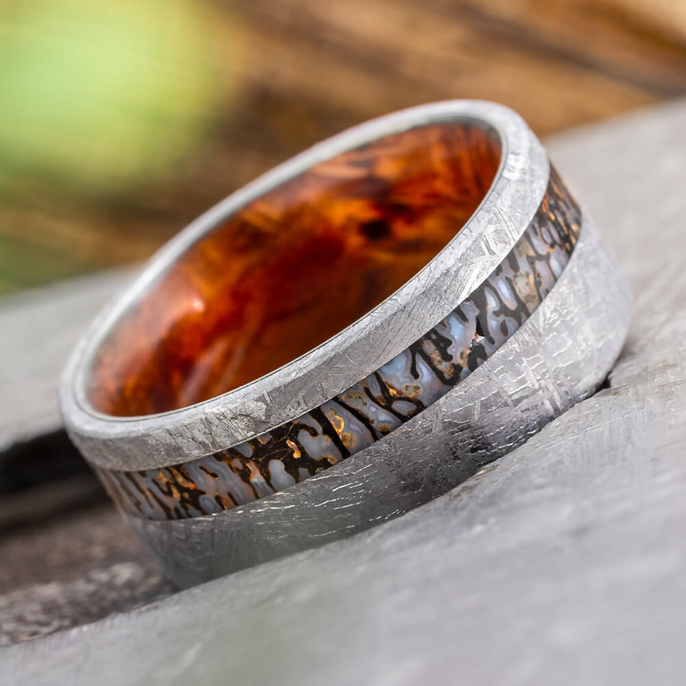 Dinosaur Bone and Meteorite Wedding Band with Wood