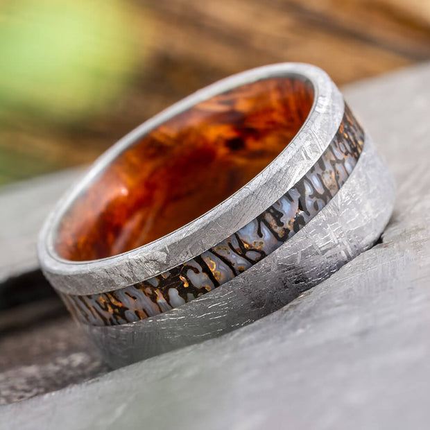 Dinosaur Bone and Meteorite Wedding Band with Wood