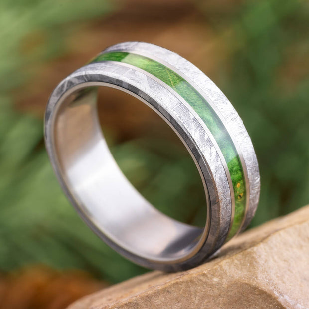 Green Box Elder Wood and Meteorite Wedding Band