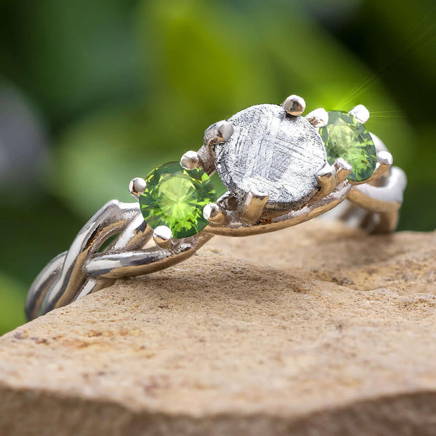 Peridot Birthstone Engagement Ring with Meteorite