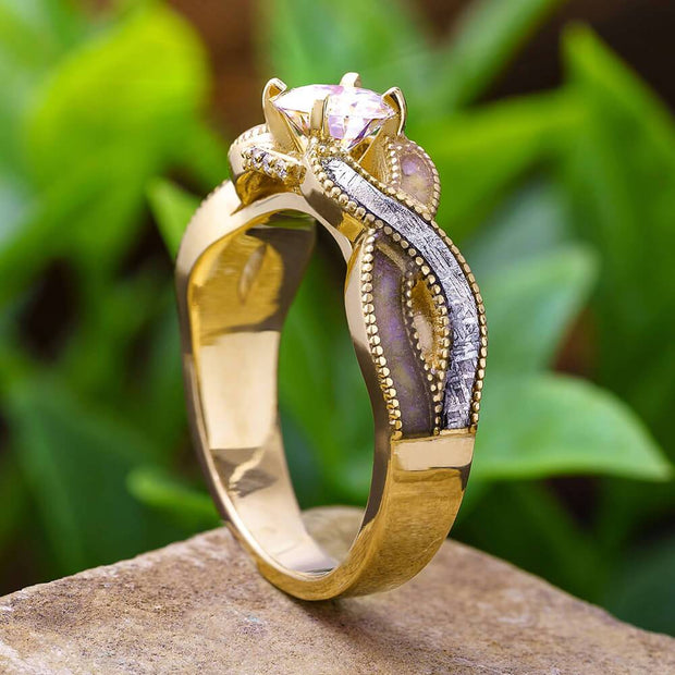 Yellow gold engagement ring with meteorite and moissanite