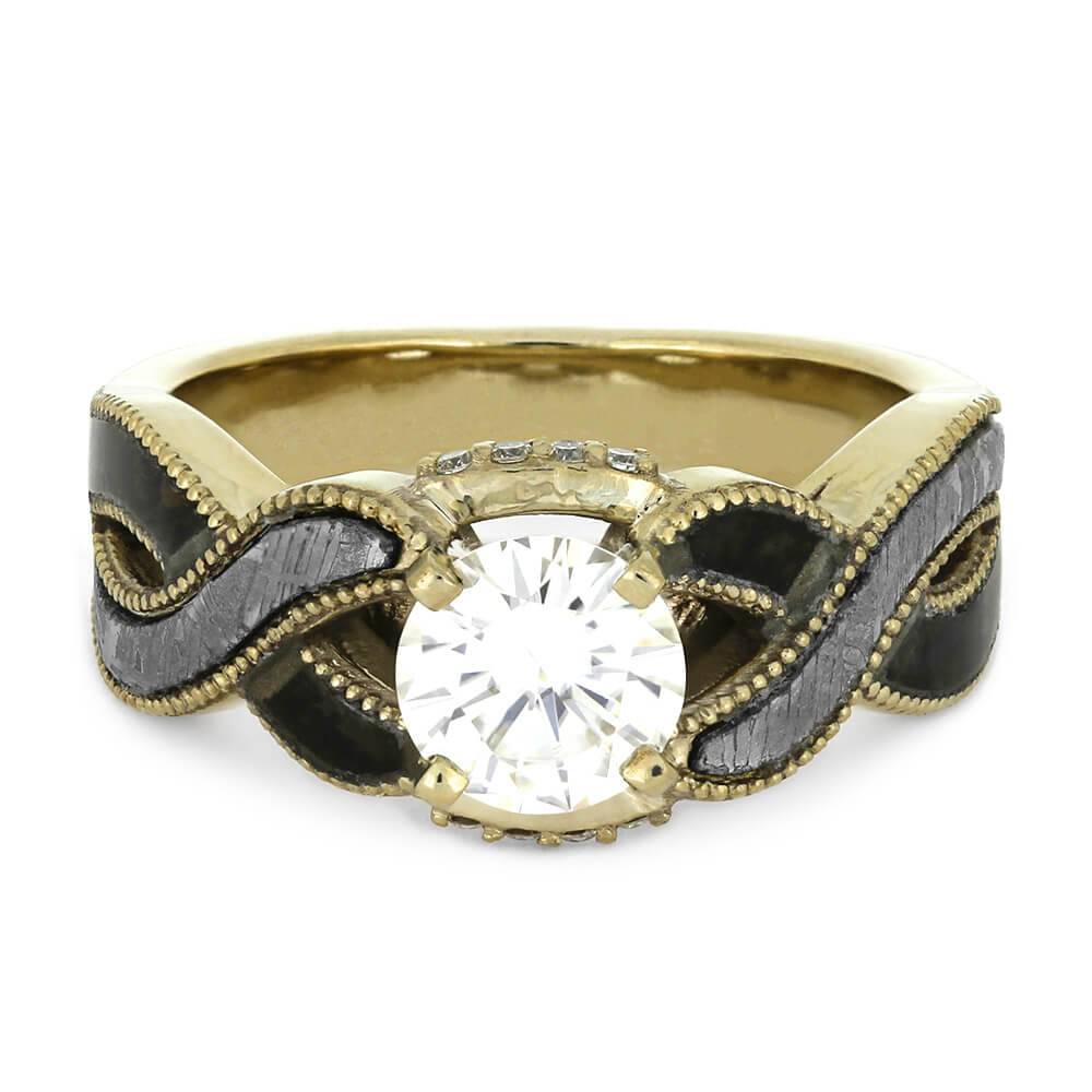 Yellow gold ring with meteorite and moissanite centerpiece