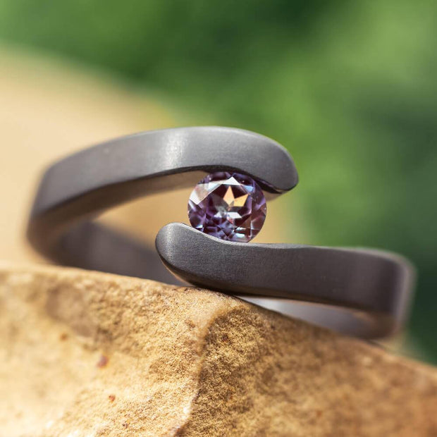 Tension Set Alexandrite in Black Zirconium Engagement Ring-4527