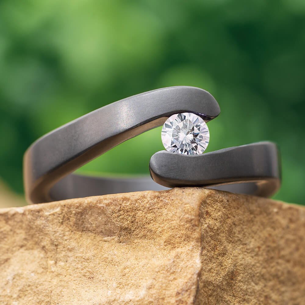 Moissanite and Black Zirconium Engagement Ring
