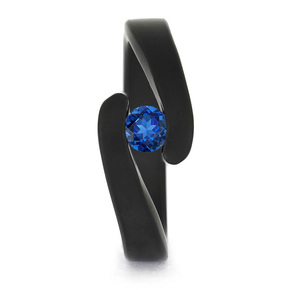 Tension Set Blue Sapphire in Black Zirconium Engagement Ring