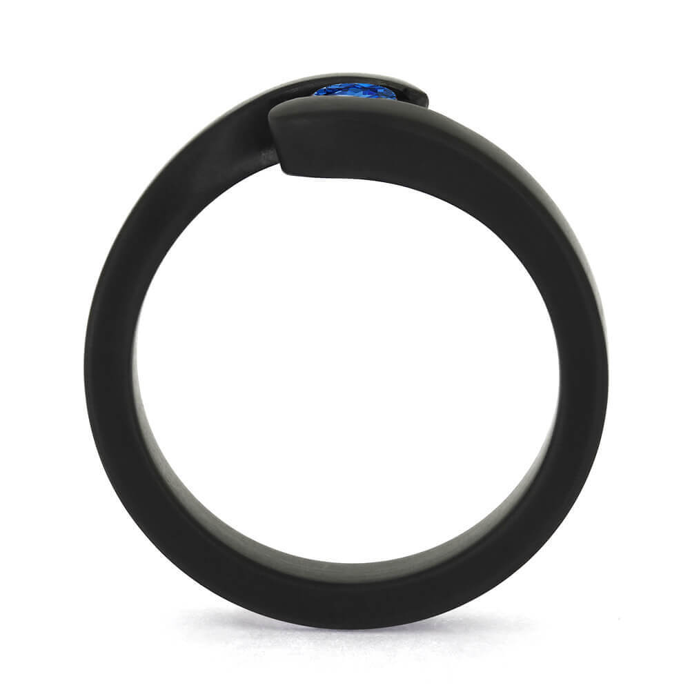 Tension Set Blue Sapphire in Black Zirconium Engagement Ring