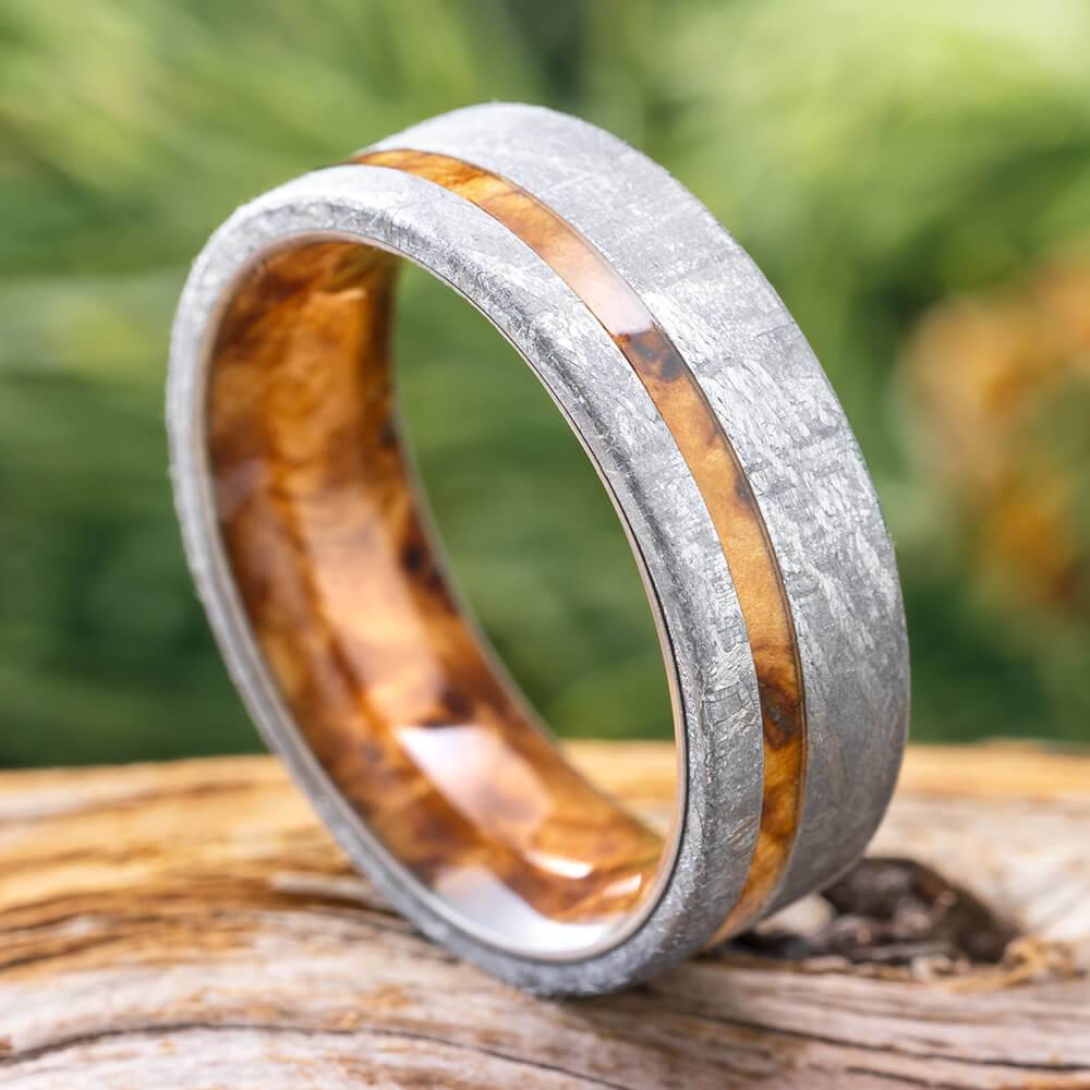 Meteorite and Black Ash Burl Wood Wedding Band