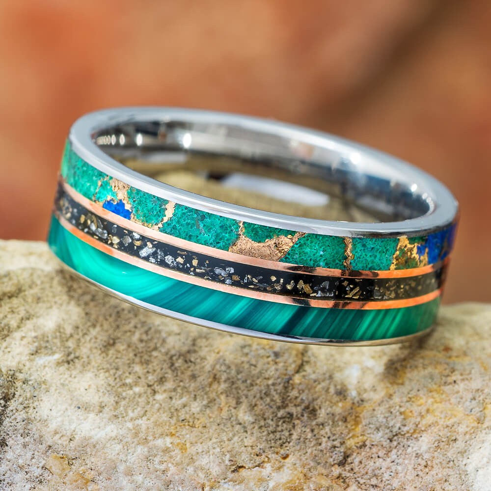 Malachite and Titanium Wedding Band with Rose Gold