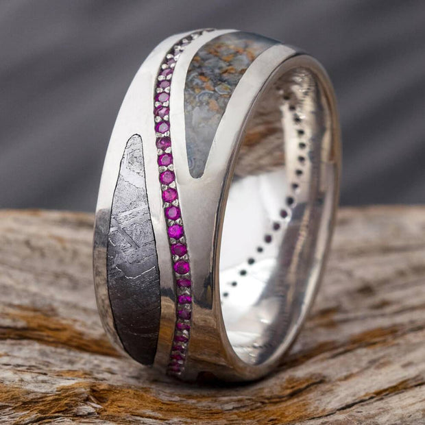 Platinum Eternity Band with Meteorite and Dinosaur Bone, Rubies