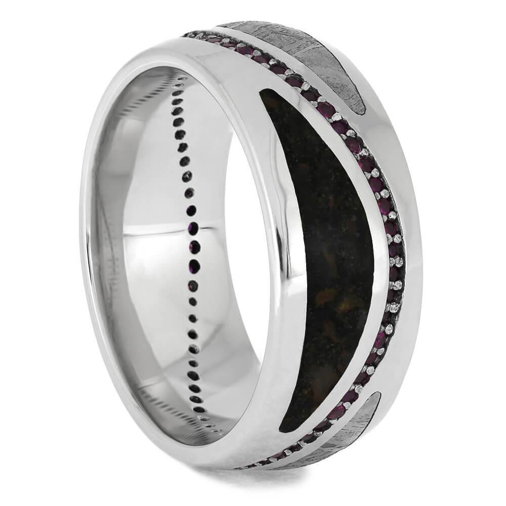 Platinum Eternity Band with Meteorite and Dinosaur Bone, Rubies