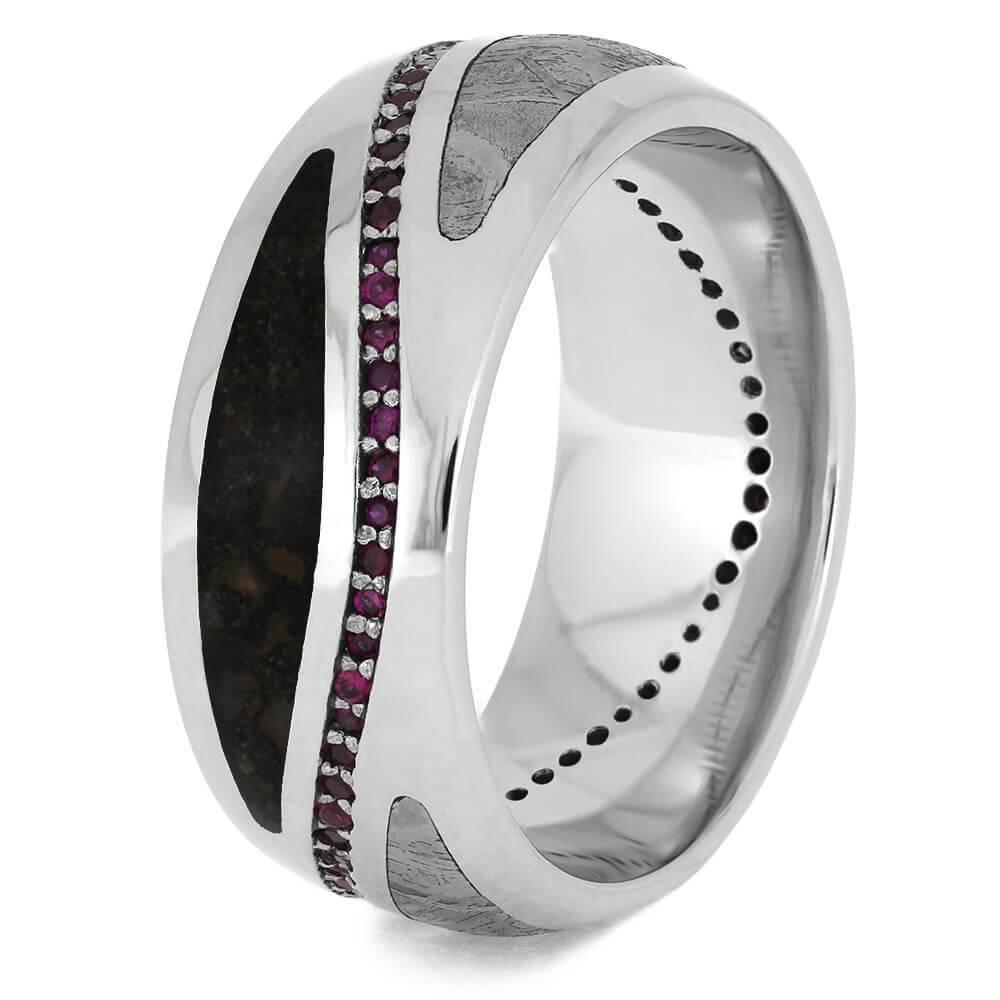 Platinum Eternity Band with Meteorite and Dinosaur Bone, Rubies
