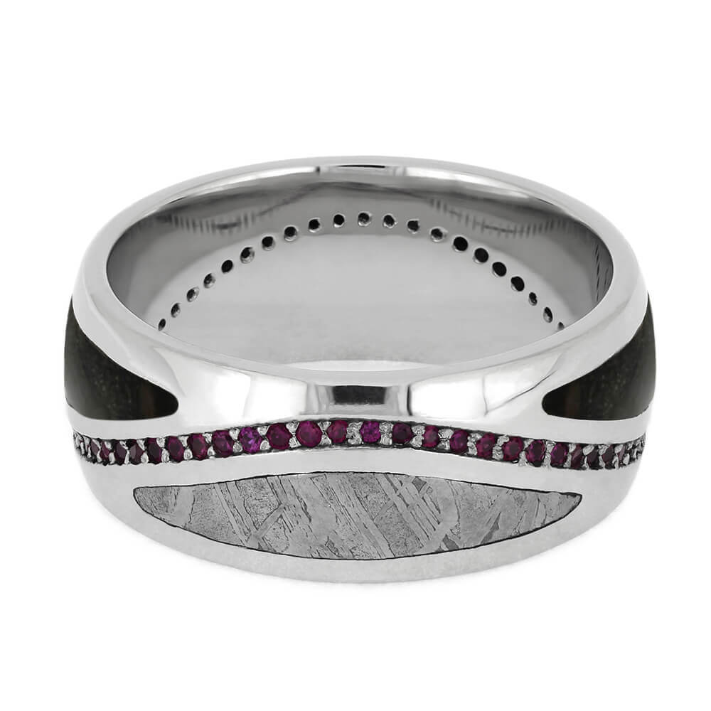 Platinum Eternity Band with Meteorite and Dinosaur Bone, Rubies