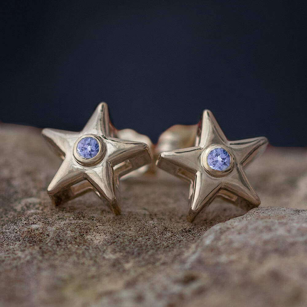 14k Gold Star Stud Earrings With Birthstone