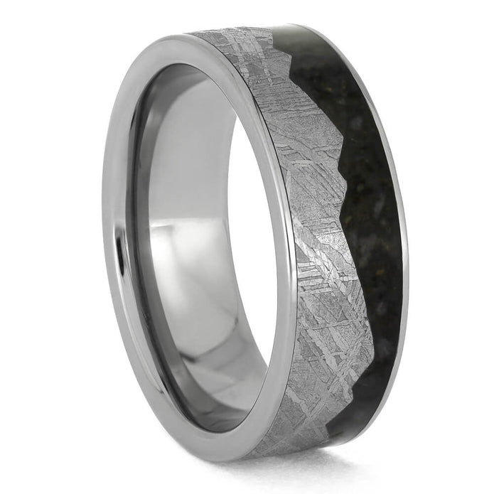 Side view of meteorite mountain ring with dinosaur bone