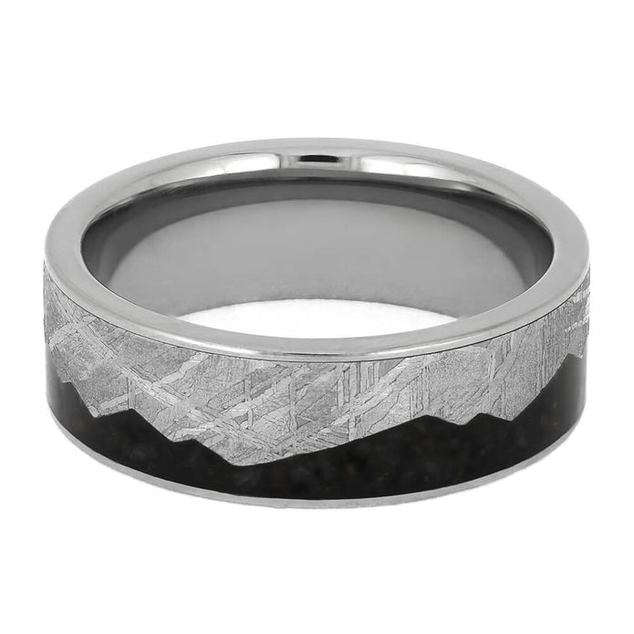 Top view of meteorite mountain ring with dinosaur bone