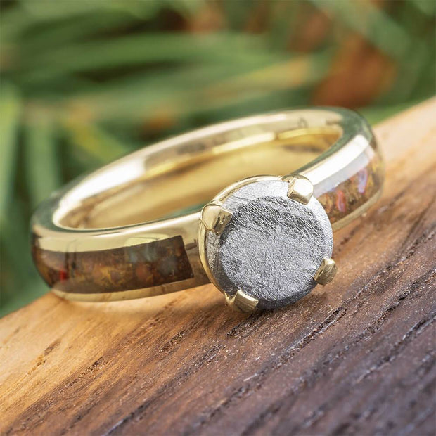 Meteorite solitaire ring with dino bone in white gold setting