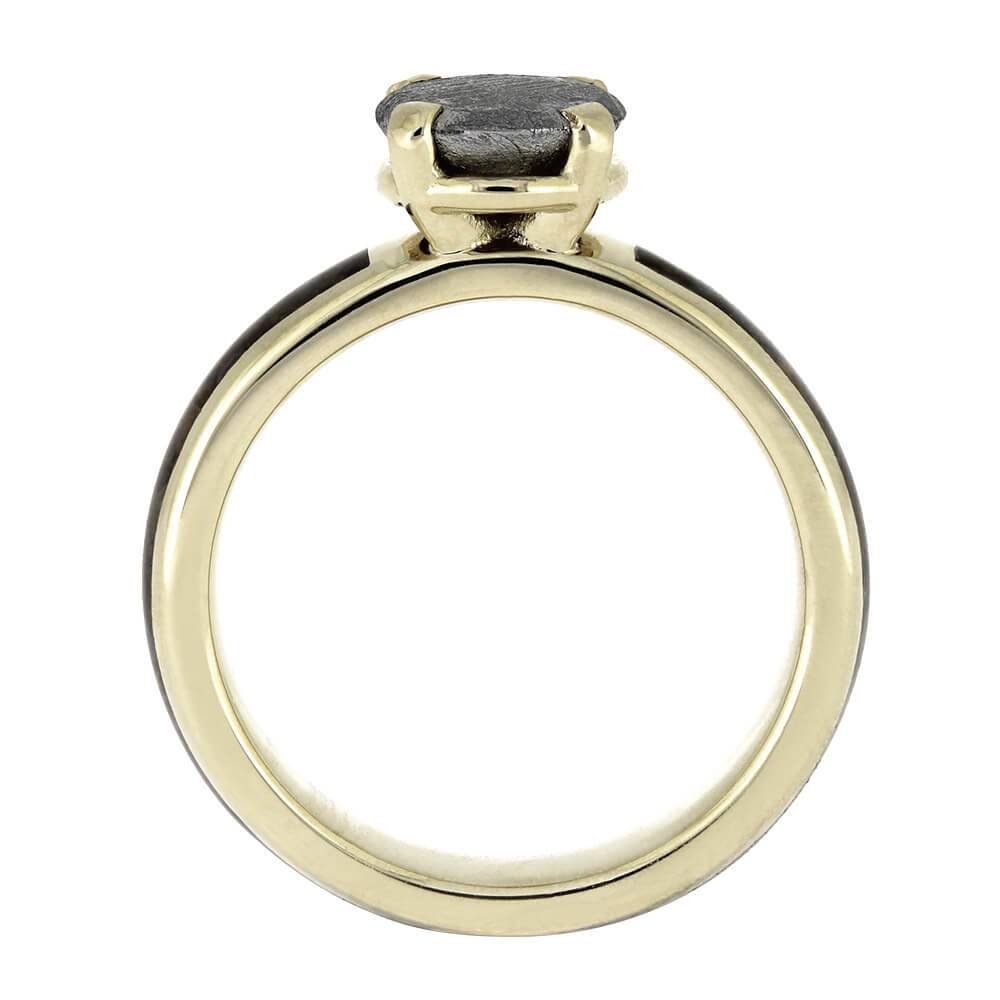 Back view of meteorite solitaire ring with dino bone inlay