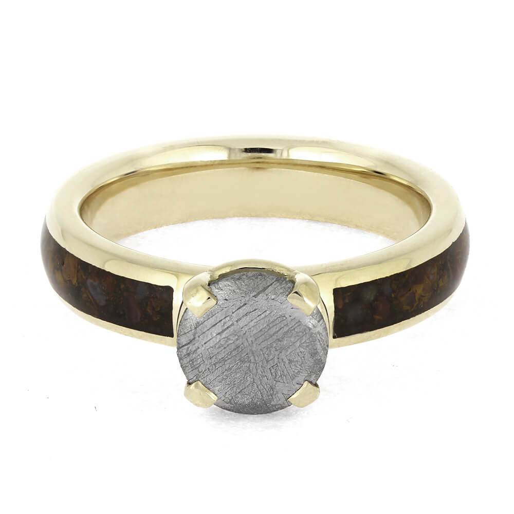 Meteorite solitaire ring with dinosaur bone in white gold band