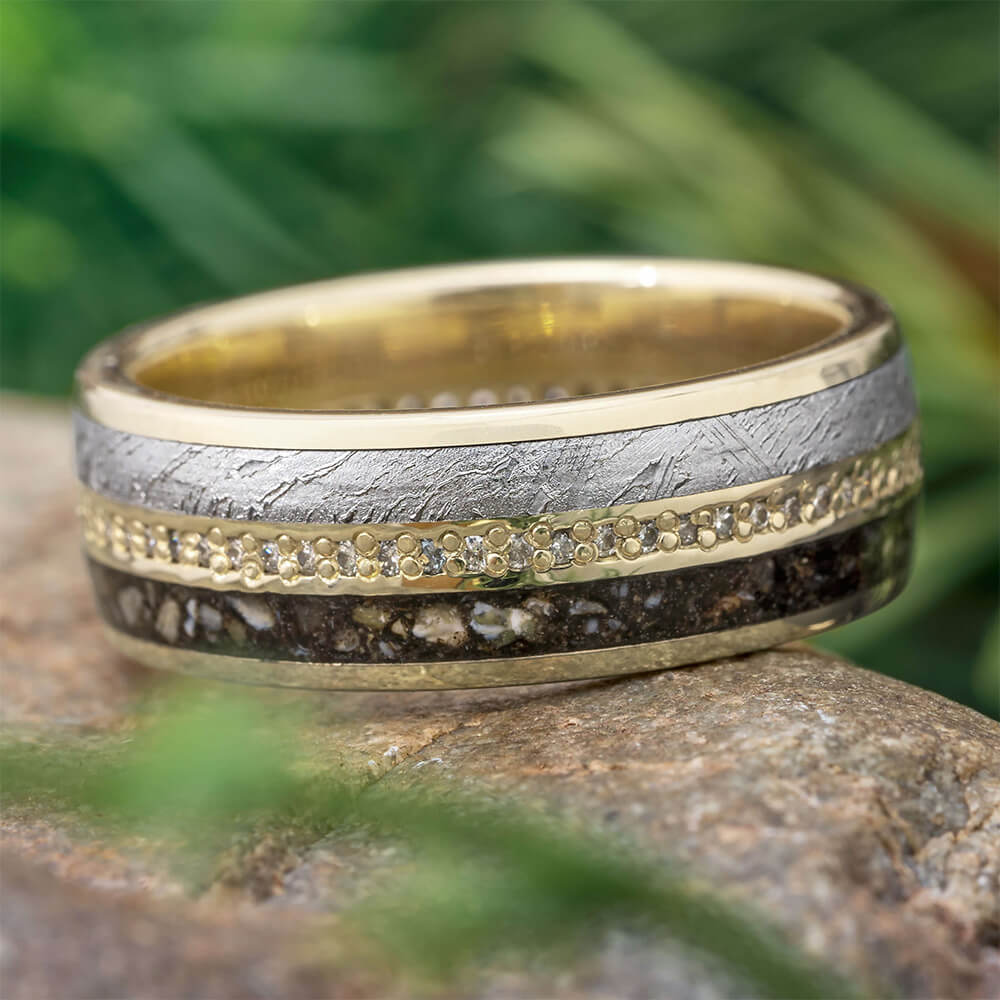 White Gold Meteorite Ring with Dinosaur Bone