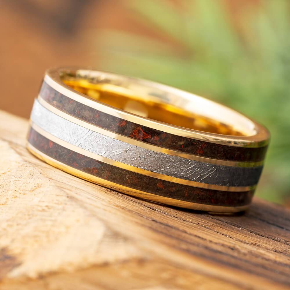 Dinosaur Bone and Meteorite Wedding Band in Gold