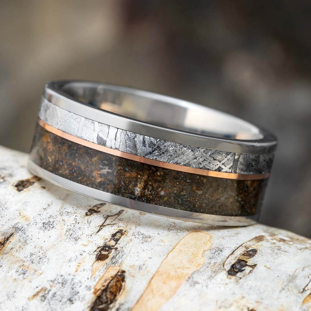Unique titanium ring featuring meteorite, dinosaur bone, rose accent