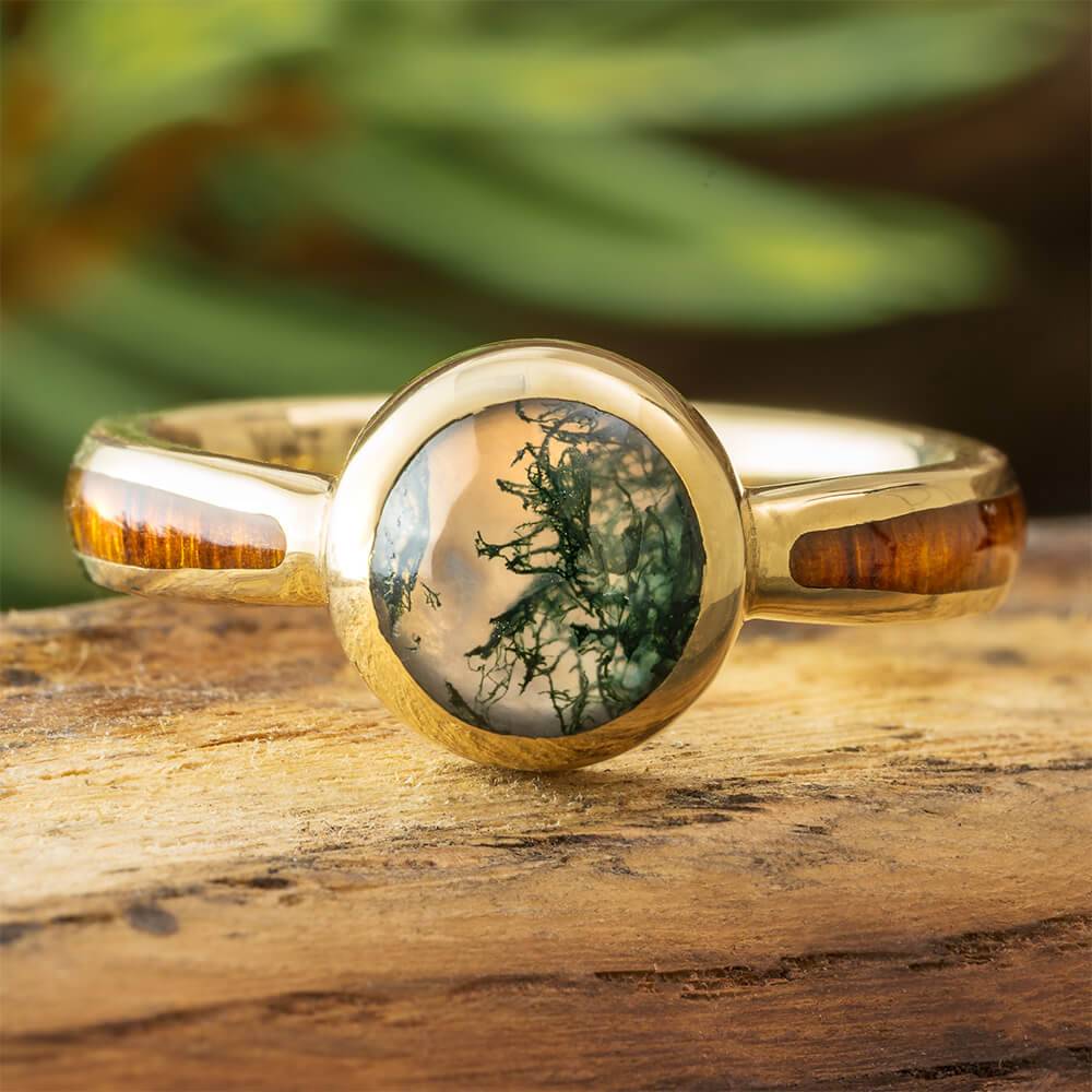 Moss Agate Ring with Wood Inlays