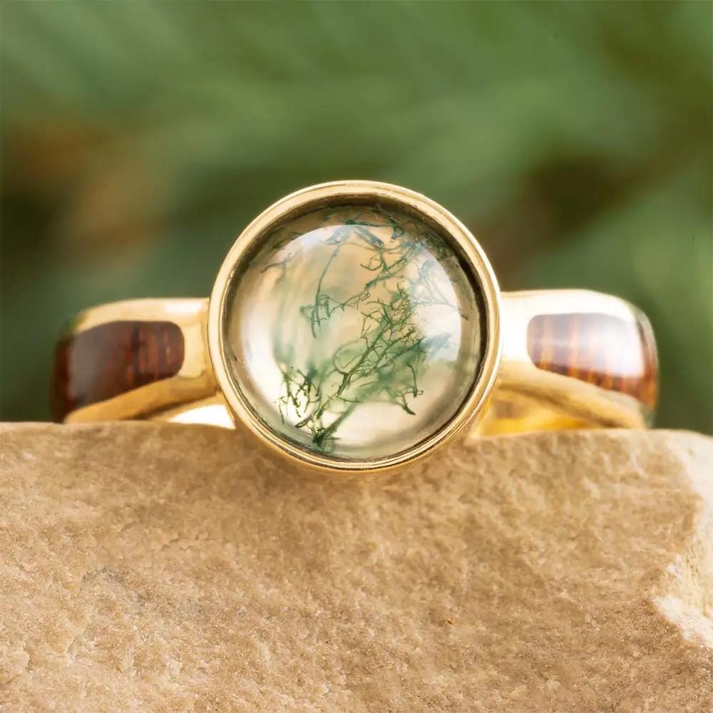 Moss Agate Ring with Wood Inlays