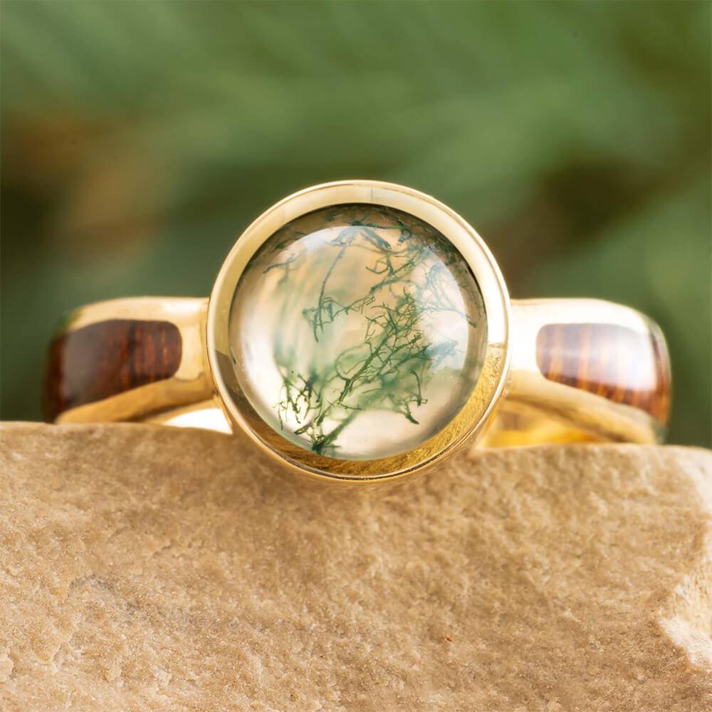 Moss Agate Ring with Wood Inlays