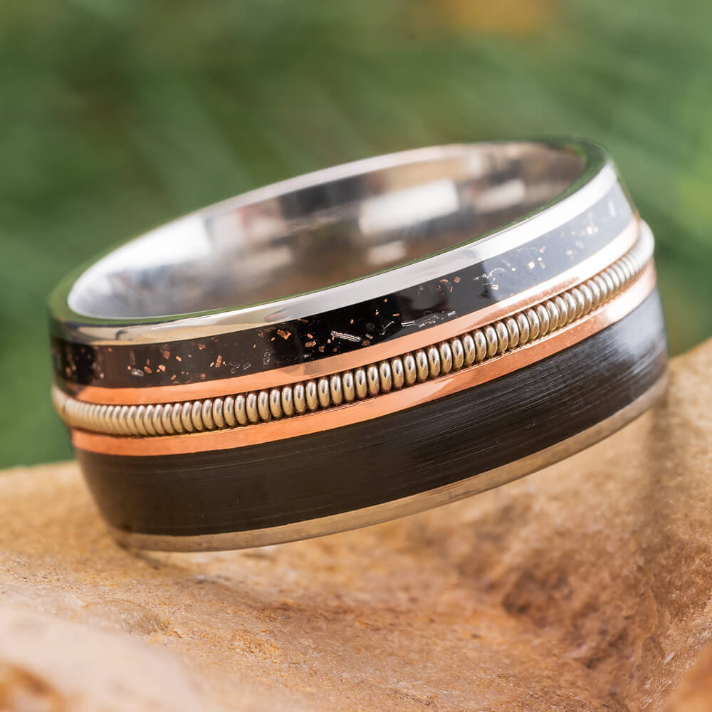 Meteorite Stardust and Guitar String Wedding Band