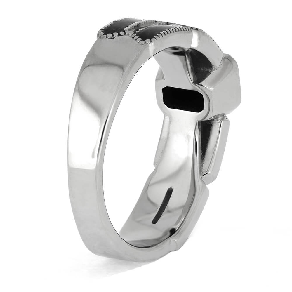 Inside view of black engagement ring with onyx and amethyst