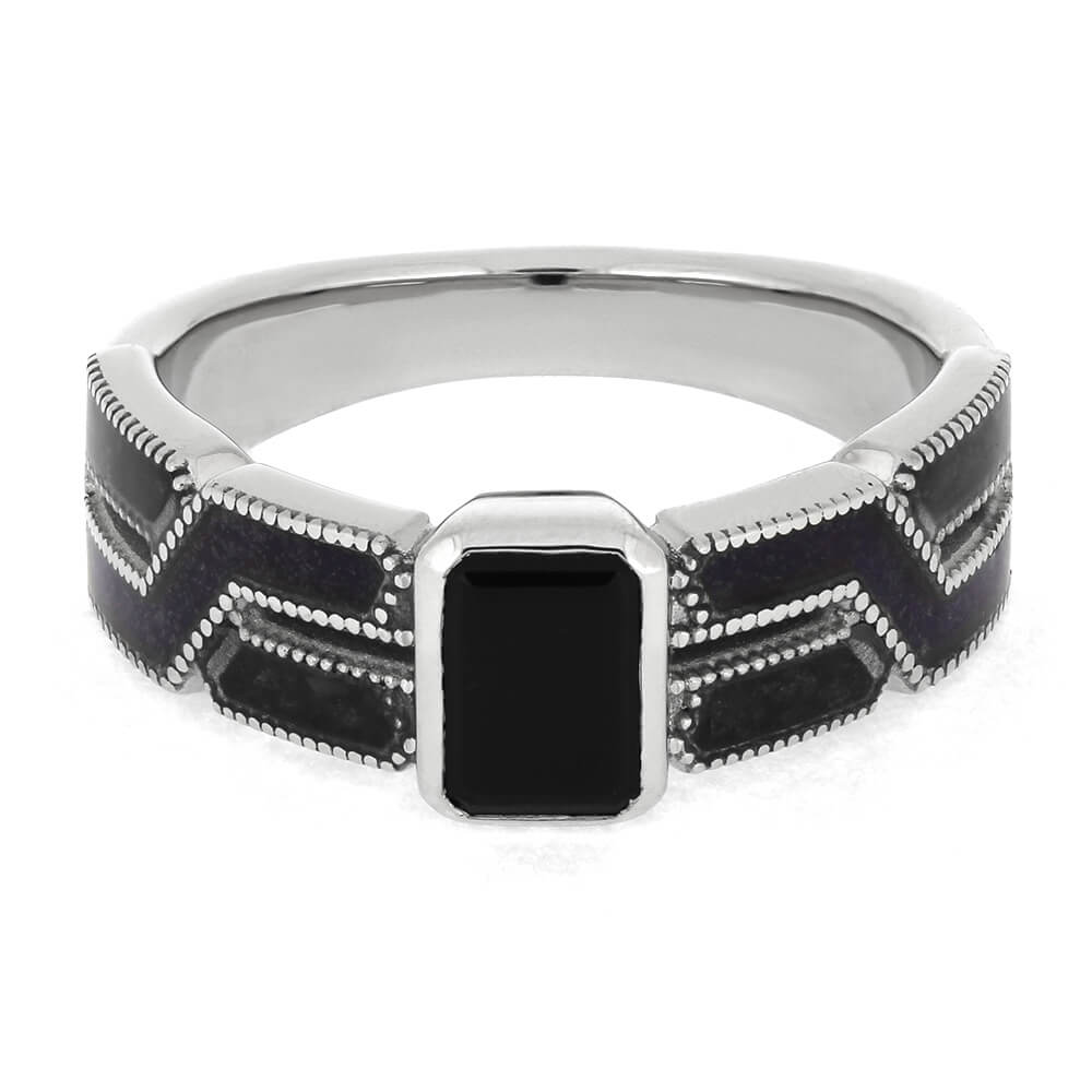 Black engagement ring with onyx and amethyst, front angle