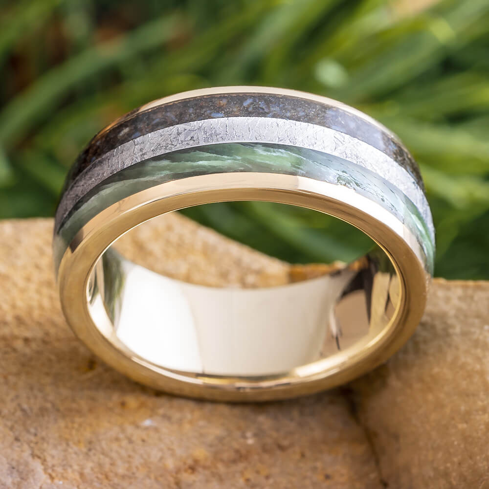 Ring for Men and Women Yellow Gold IP & Green Jade Wood Inlay – 8mm Wedding  Band Ring Ideal Rings for Couples - Walmart.com
