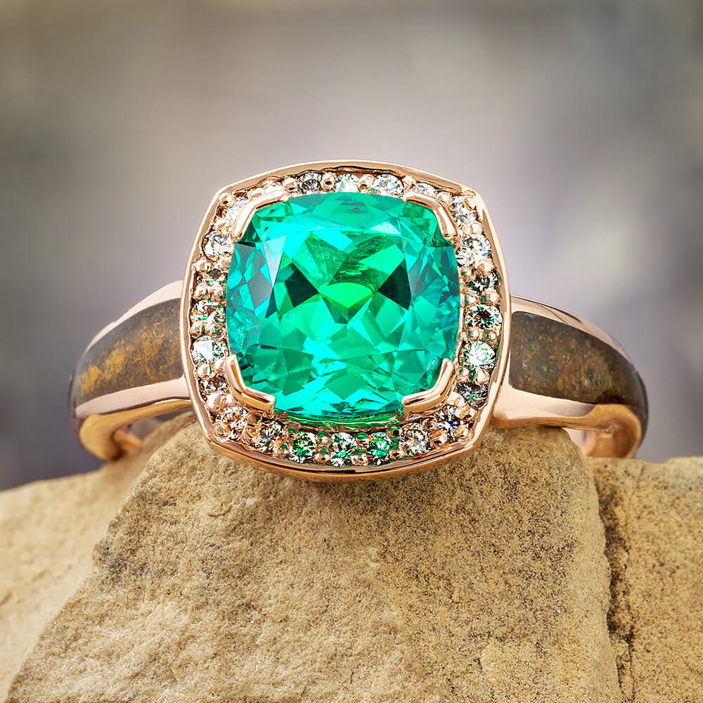Emerald Engagement Ring with Halo and Dinosaur Bone
