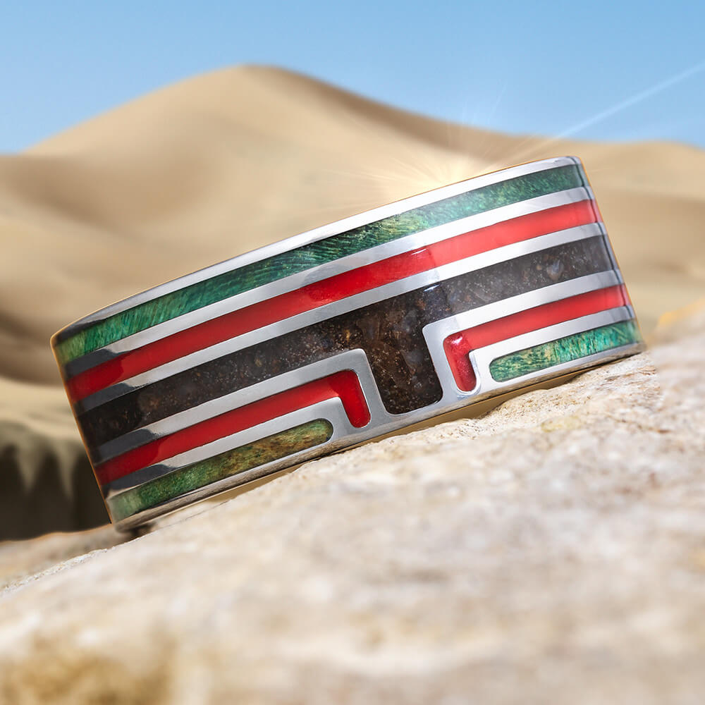 Science Fiction Wedding Band with Red and Green Titanium
